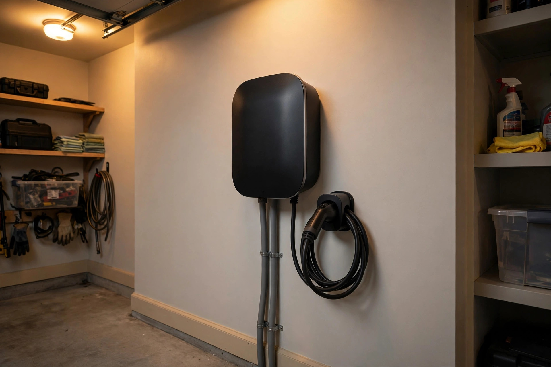 Home EV charger installed on a garage wall
