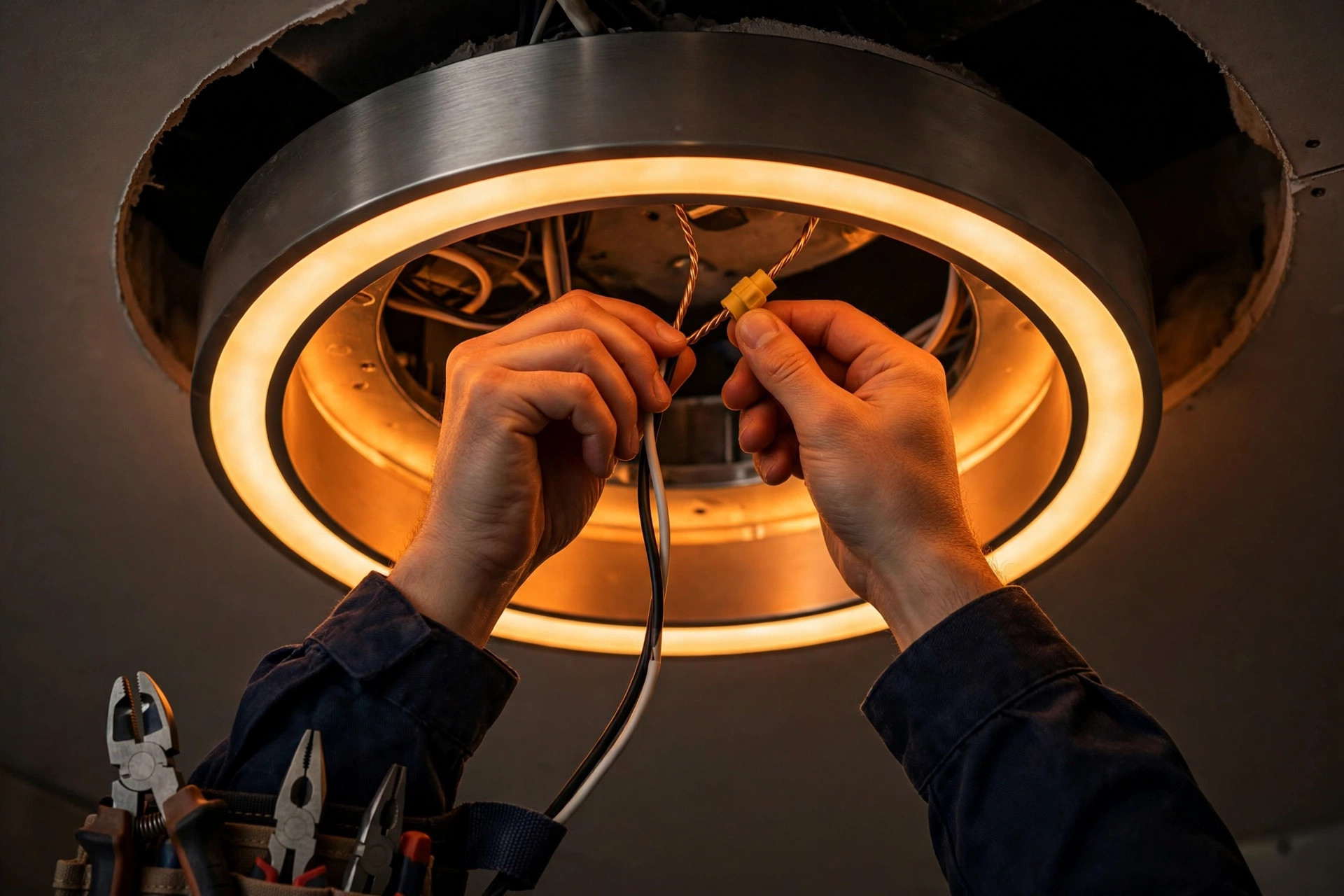 Electrician wiring a ceiling light fixture
