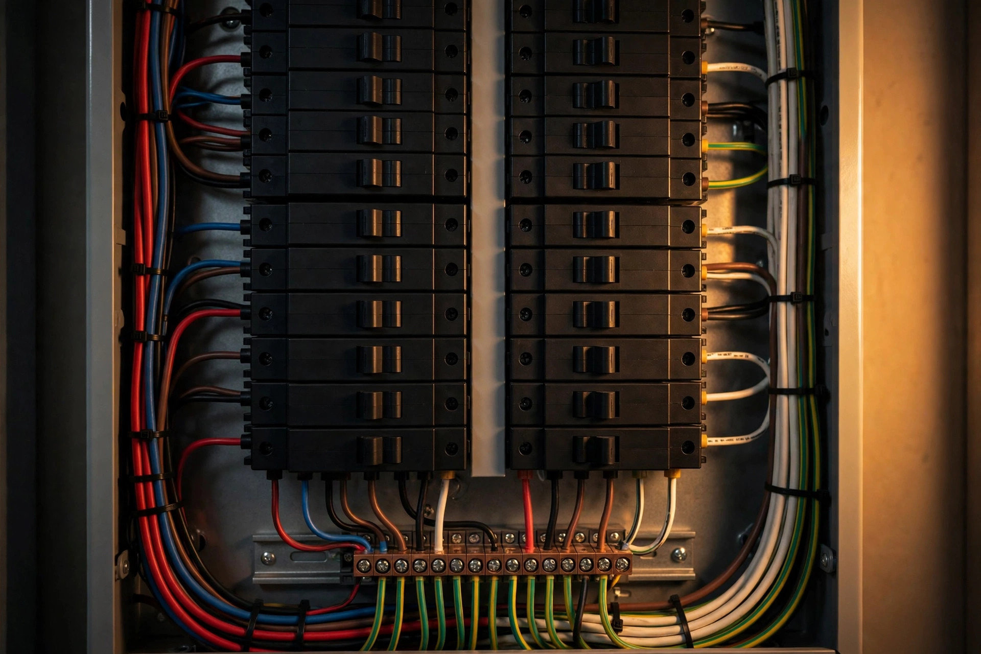 Neat modern breaker panel with tidy wiring