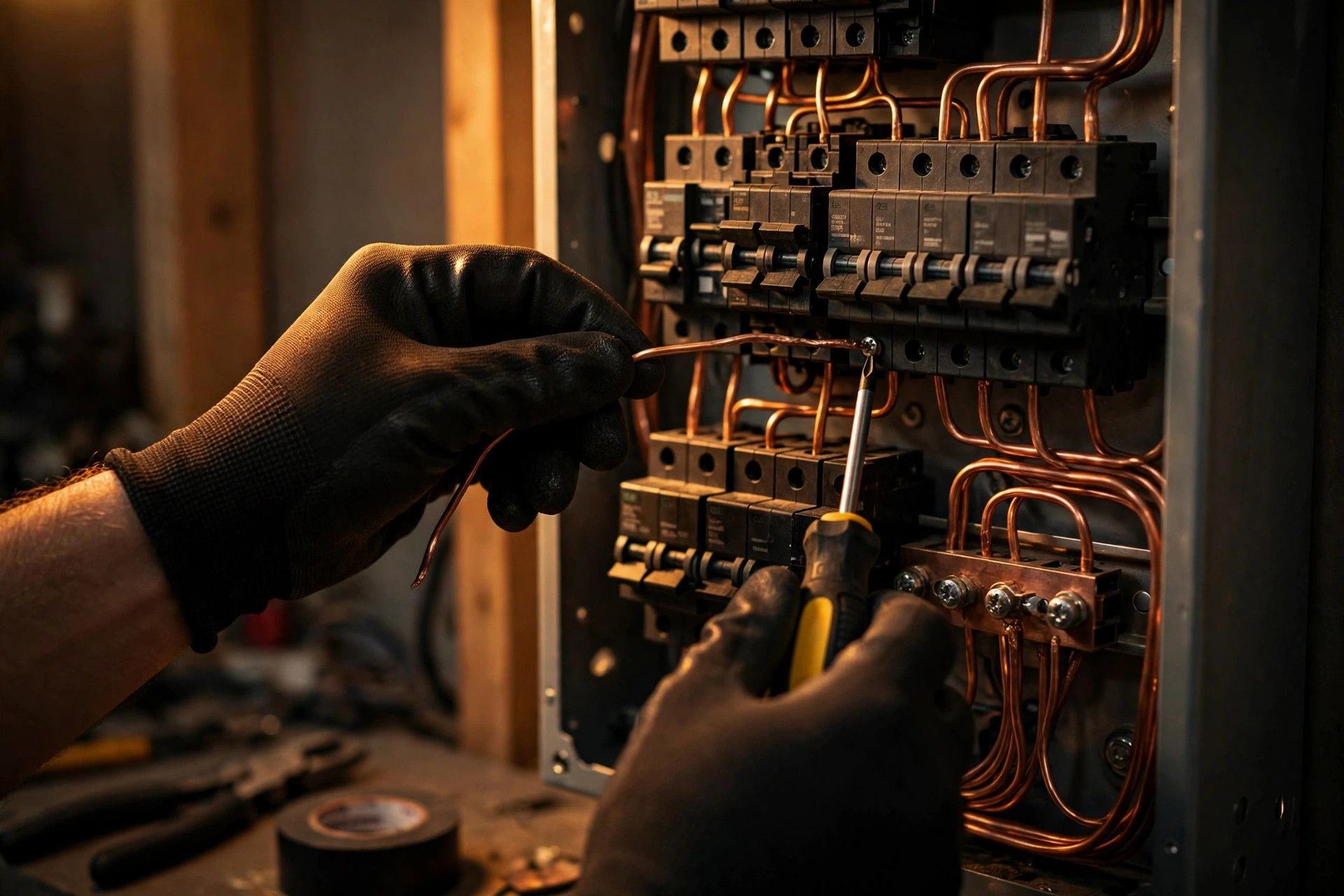 Electrician wiring a residential breaker panel